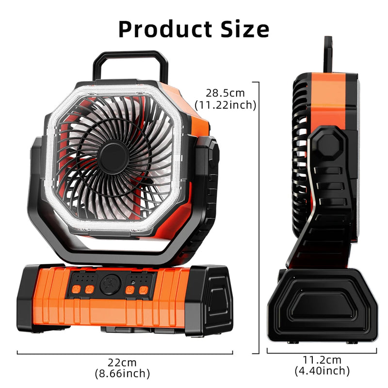 Ventilador recarregável portátil com luz LED e gancho, mesa com bateria, ventilador de acampamento, ventilador ao ar livre para barraca, viagem de carro, 20000mAh