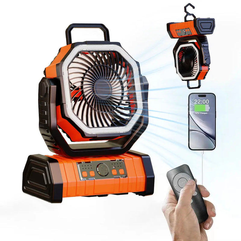 Ventilador recarregável portátil com luz LED e gancho, mesa com bateria, ventilador de acampamento, ventilador ao ar livre para barraca, viagem de carro, 20000mAh