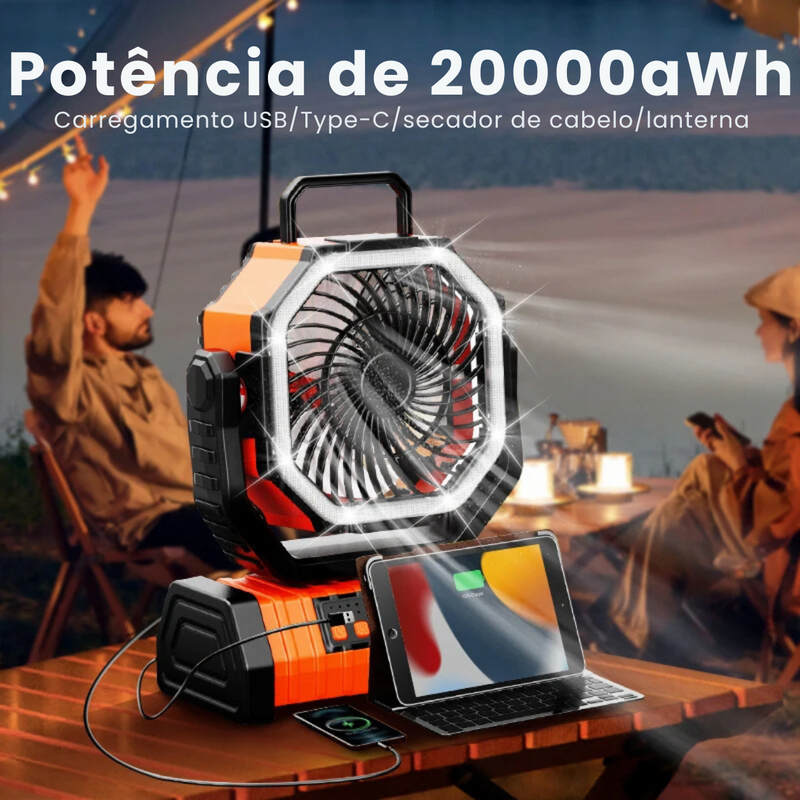 VentCAMP - Ventilador Recarregável Portátil 3 em 1 com luz LED de 20.000MAh e Painel Solar (ÚLTIMAS UNIDADES)