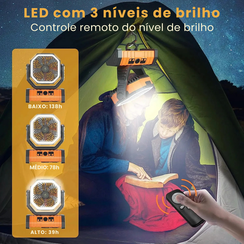 VentCAMP - Ventilador Recarregável Portátil 3 em 1 com luz LED de 20.000MAh e Painel Solar (ÚLTIMAS UNIDADES)