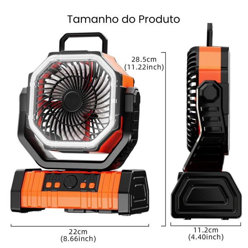 VentCAMP - Ventilador Recarregável Portátil 3 em 1 com luz LED de 20.000MAh e Painel Solar (ÚLTIMAS UNIDADES)