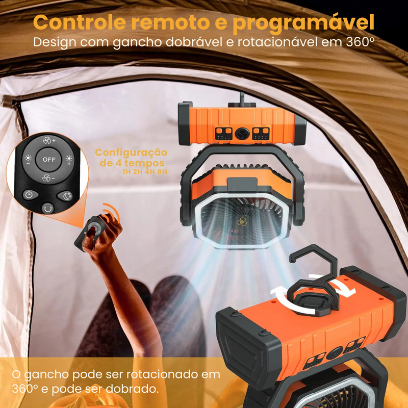 VentCAMP - Ventilador Recarregável Portátil 3 em 1 com luz LED de 20.000MAh e Painel Solar (ÚLTIMAS UNIDADES)