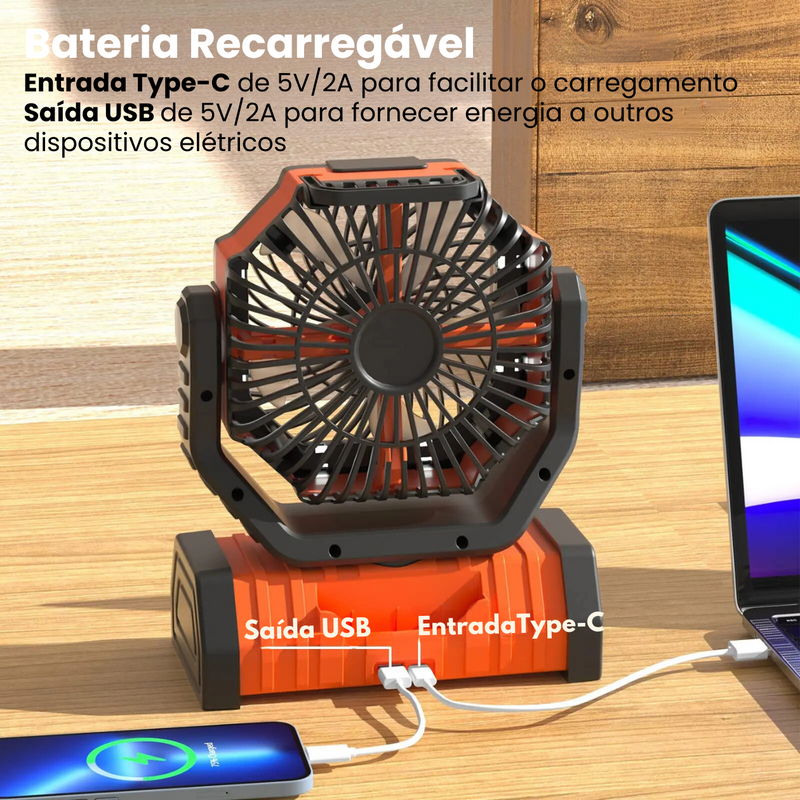 VentCAMP - Ventilador Recarregável Portátil 3 em 1 com luz LED de 20.000MAh e Painel Solar (ÚLTIMAS UNIDADES)